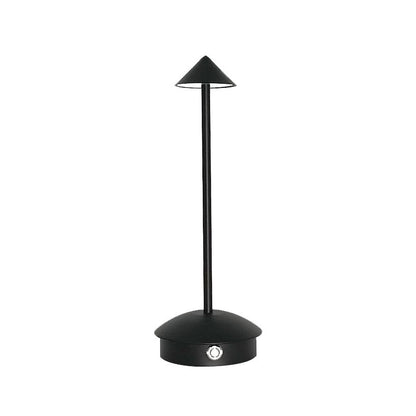 "Cordless rechargeable table lamp, sleek pine-like design, touch control, USB-powered, waterproof, dimmable LED lighting."