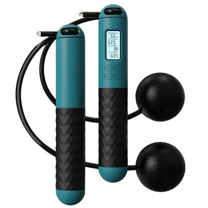 Cordless weighted jump rope with digital counter and ergonomic handles, ideal for effective home workouts in tight spaces.