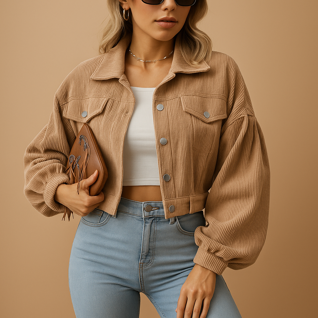 Cropped corduroy jacket for women with long sleeves, chest pockets, silver buttons, and classic collar in ribbed fabric.