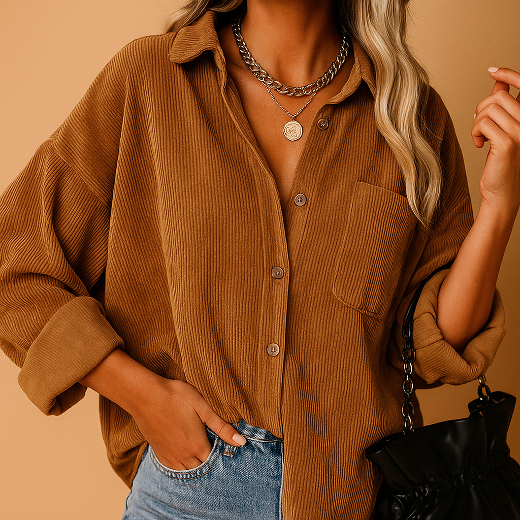 Women’s corduroy jacket with ribbed knit detailing, ideal for seasonal layering and year-round fashion.