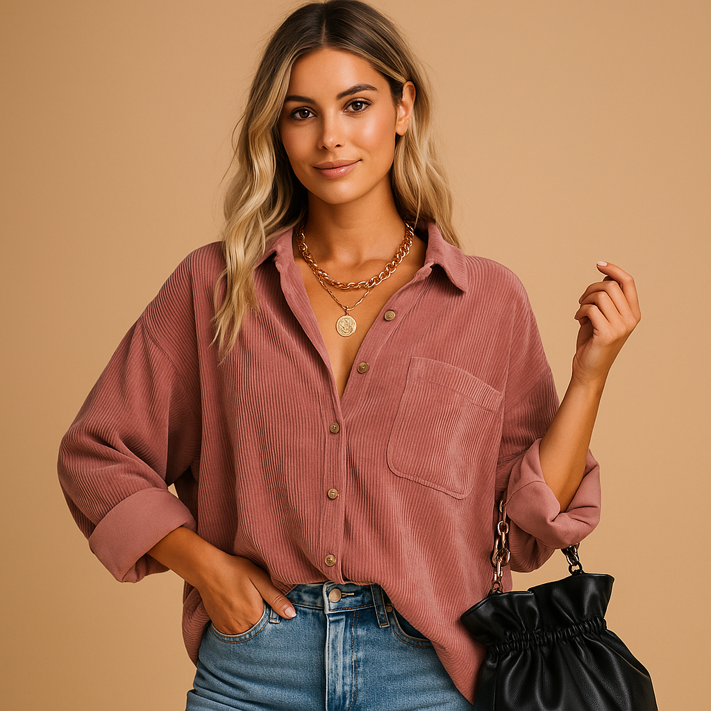 Women’s corduroy jacket with ribbed knit detailing, ideal for seasonal layering and year-round fashion.