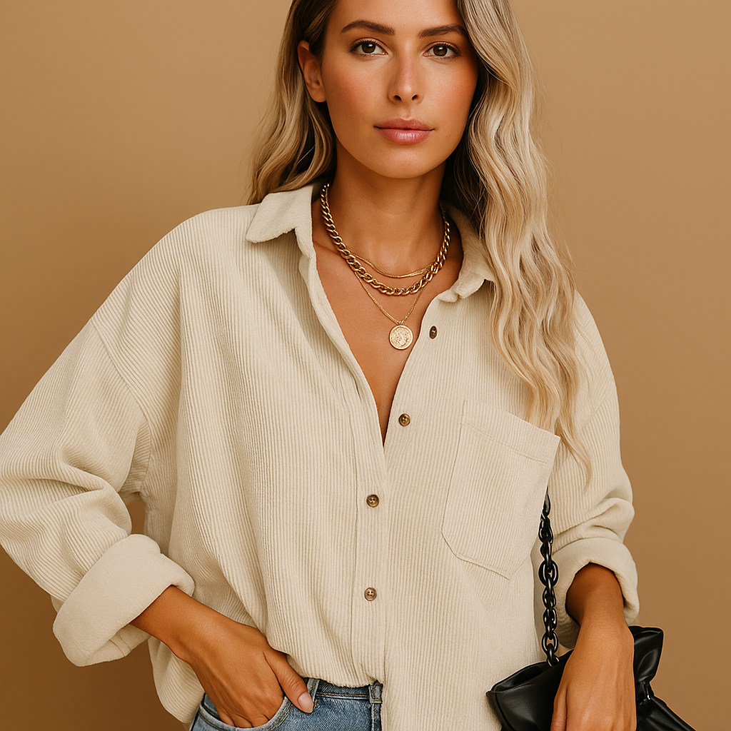 Women’s corduroy jacket with ribbed knit detailing, ideal for seasonal layering and year-round fashion.