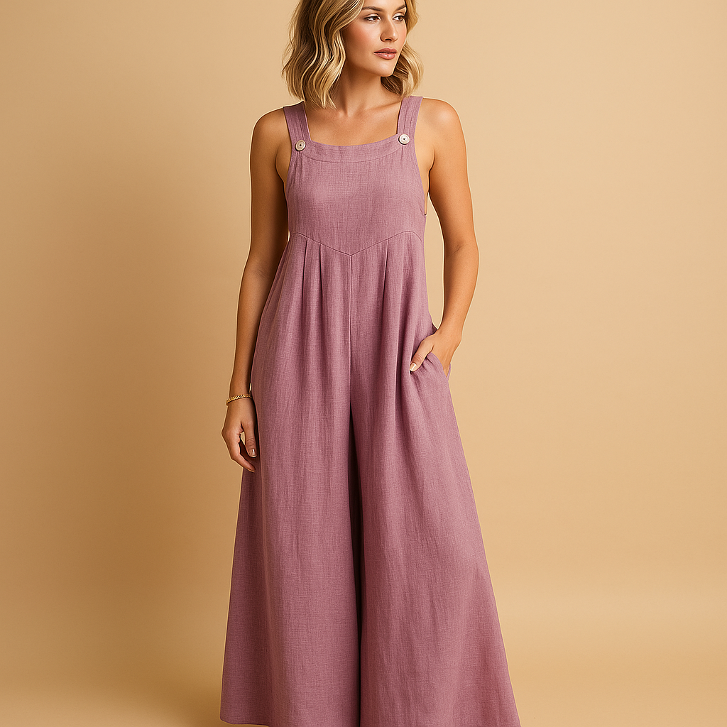Women’s relaxed cotton dungaree jumpsuit with adjustable straps in various colours, ideal for summer, errands, and lounging in comfort