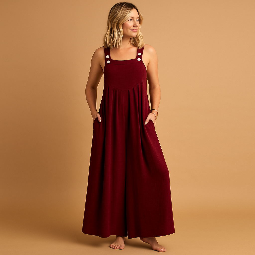 Women’s relaxed cotton dungaree jumpsuit with adjustable straps in various colours, ideal for summer, errands, and lounging in comfort