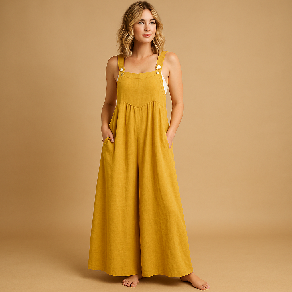 Women’s relaxed cotton dungaree jumpsuit with adjustable straps in various colours, ideal for summer, errands, and lounging in comfort
