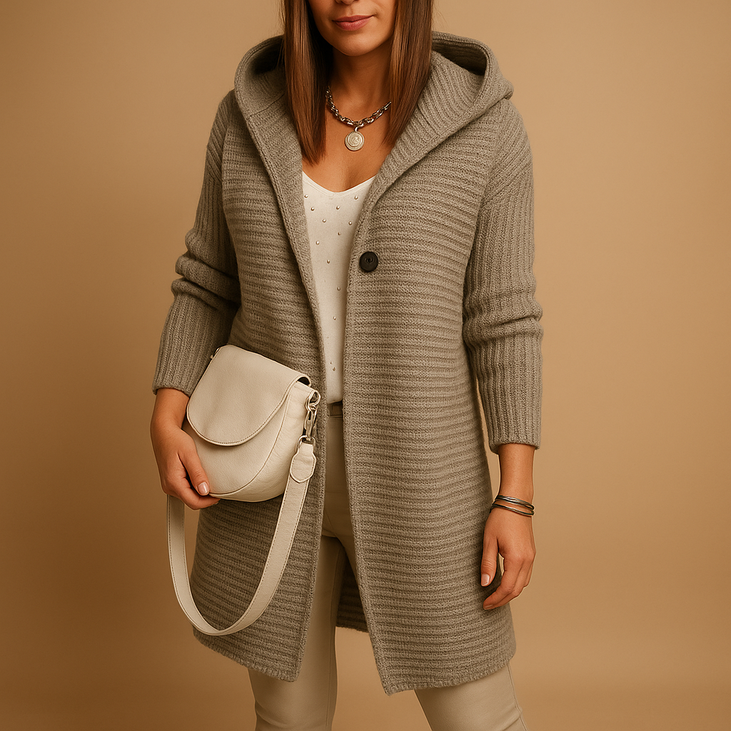 Women’s open-front knit cardigan with relaxed fit and soft-touch fabric, ideal for daily wear, autumn outings, or cozy indoor moments.