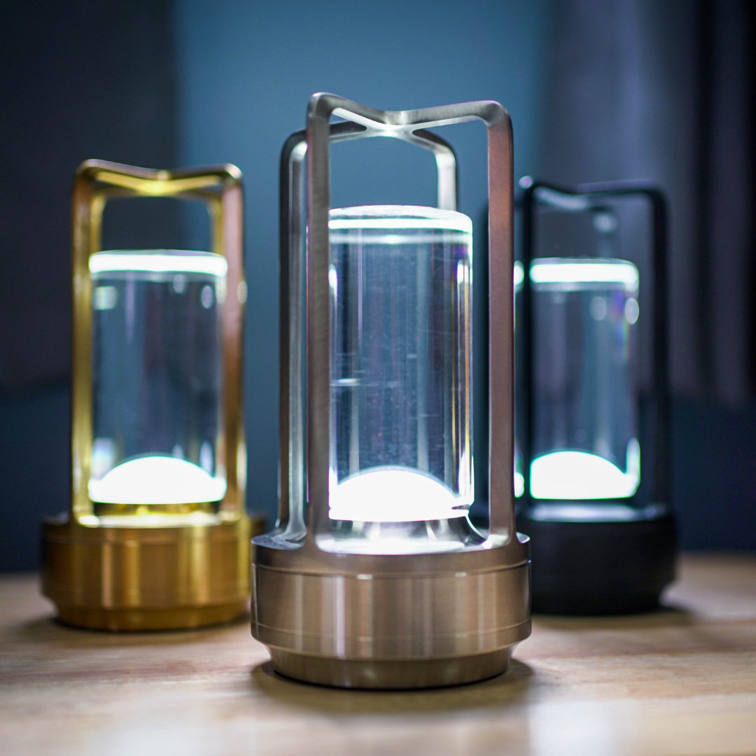 "Crystal Lantern LED Wireless Lamp with USB port, crystal glass diffuser, touch control, adjustable color settings, elegant d