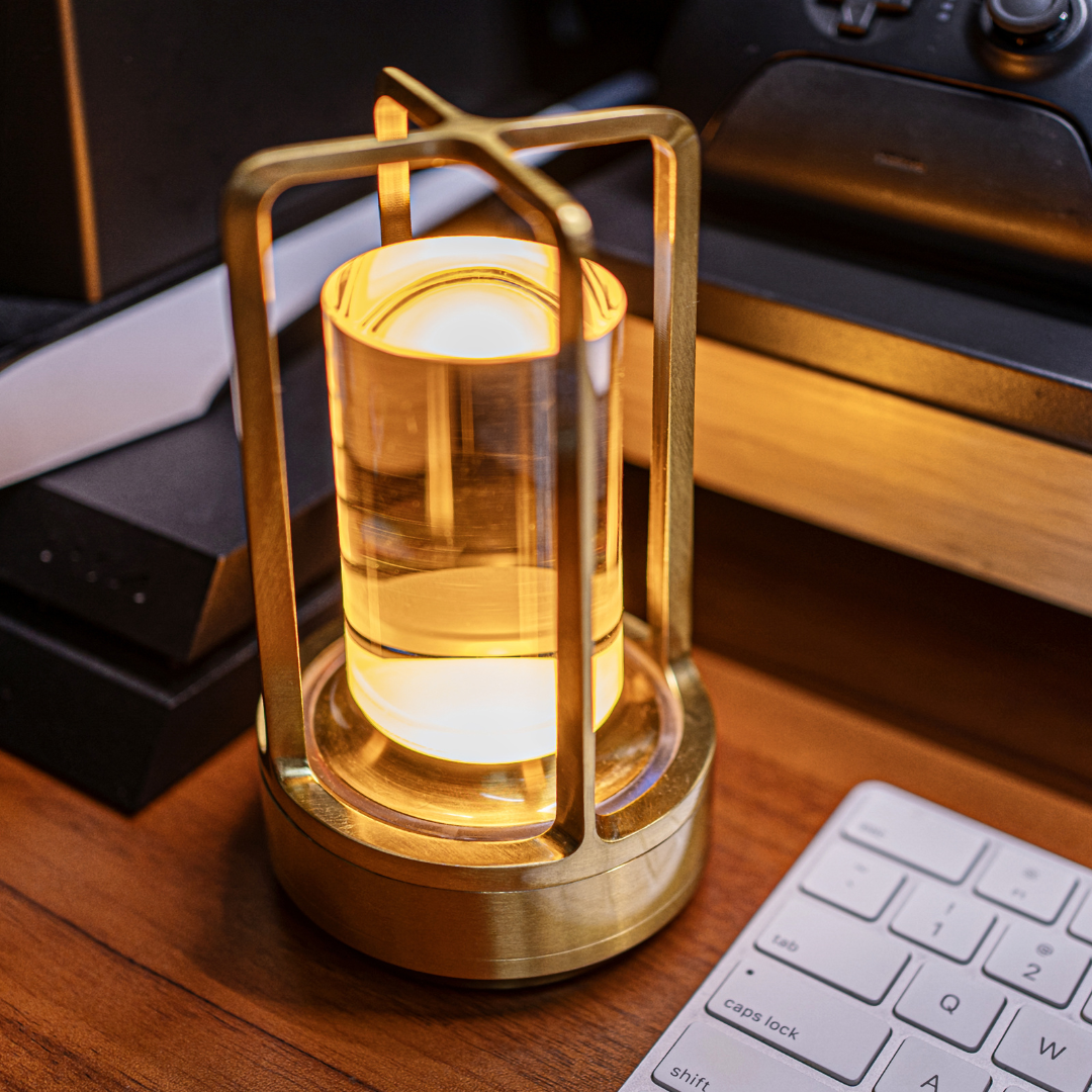 "Crystal Lantern LED Wireless Lamp with USB port, crystal glass diffuser, touch control, adjustable color settings, elegant d