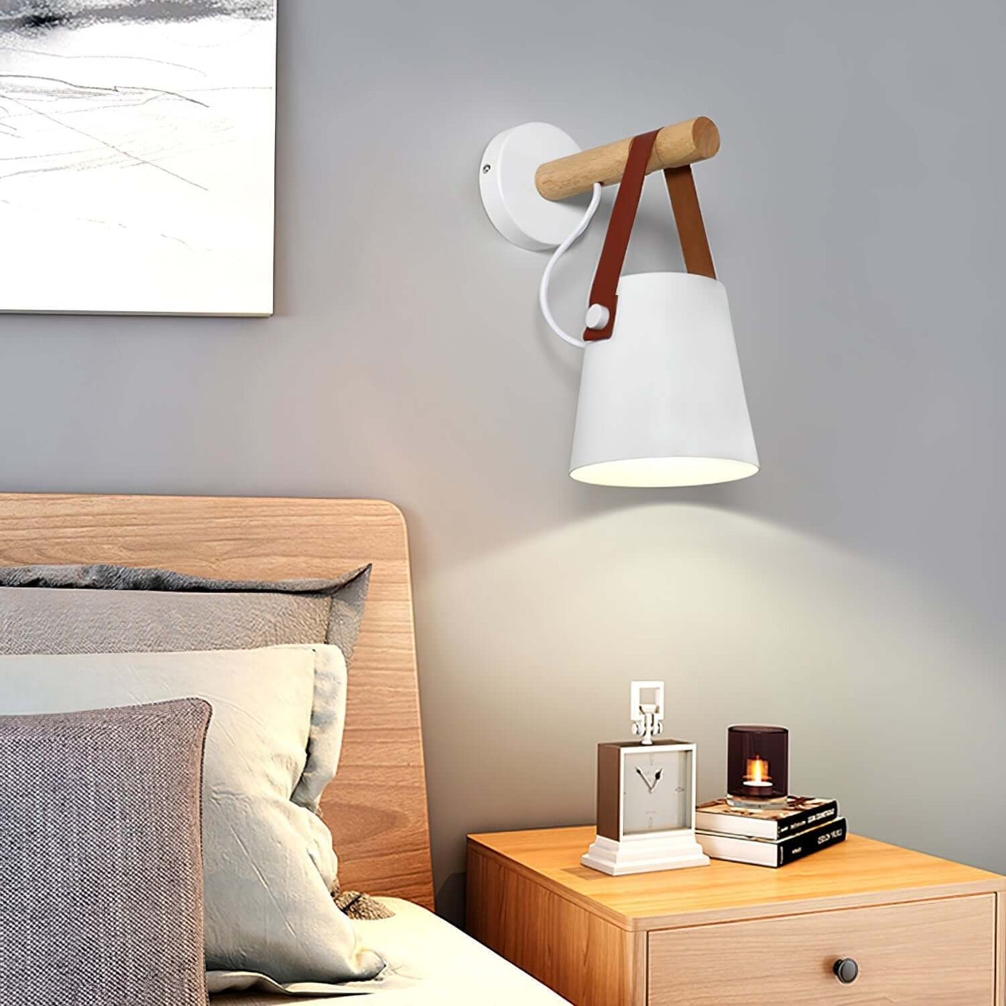 Rustic Wood Wall Lamp with Brown Leather Strap