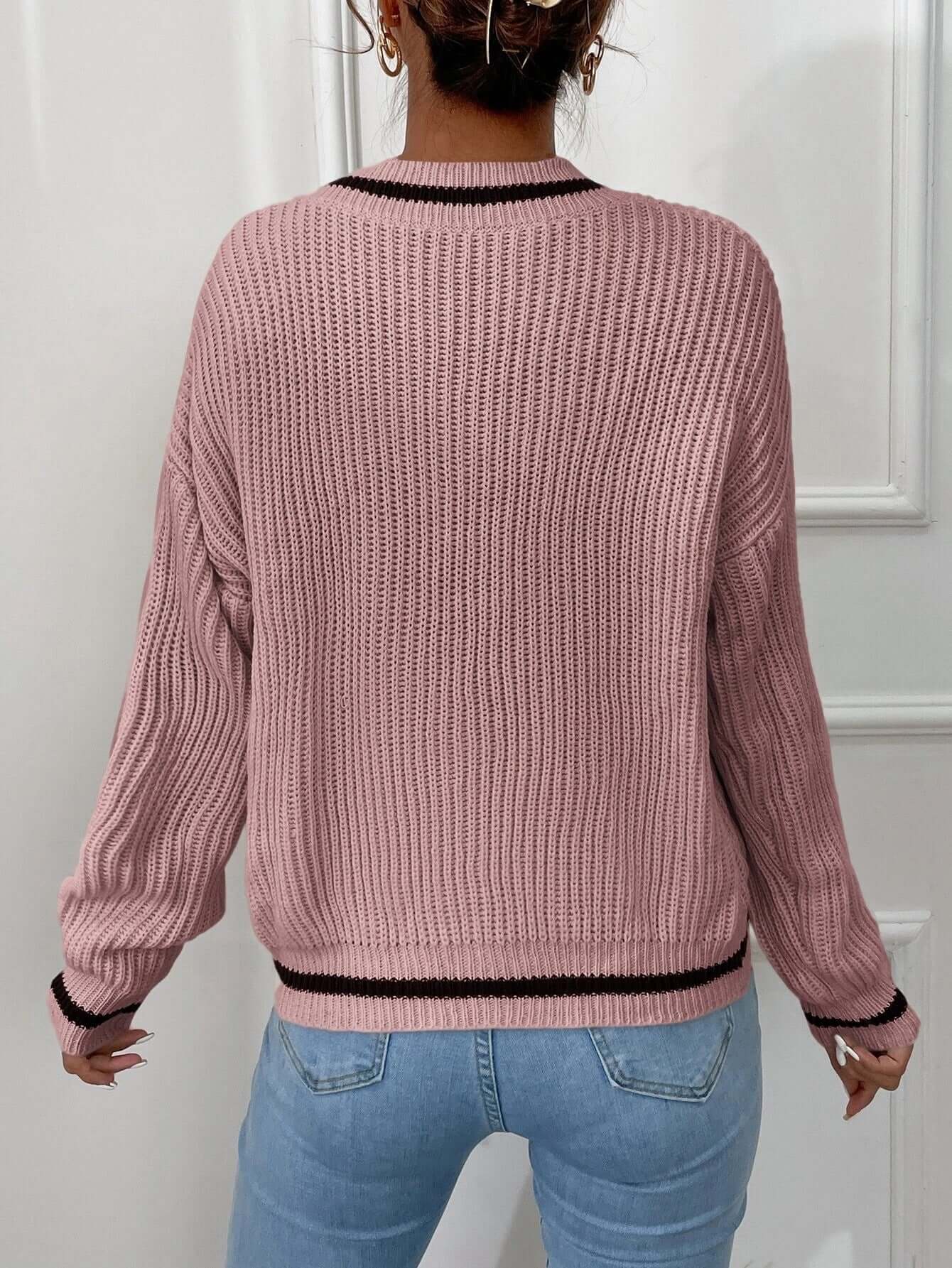 Casual Striped V Neck Loose Fit Sweater