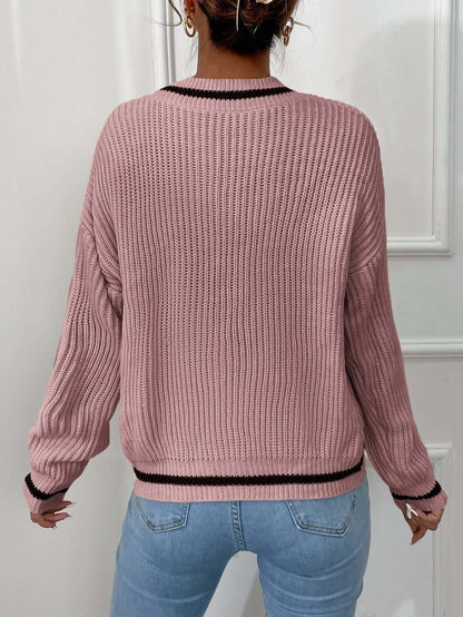 Casual Striped V Neck Loose Fit Sweater