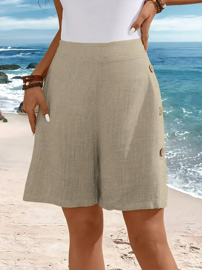Elastic Waist Casual Button Shorts
