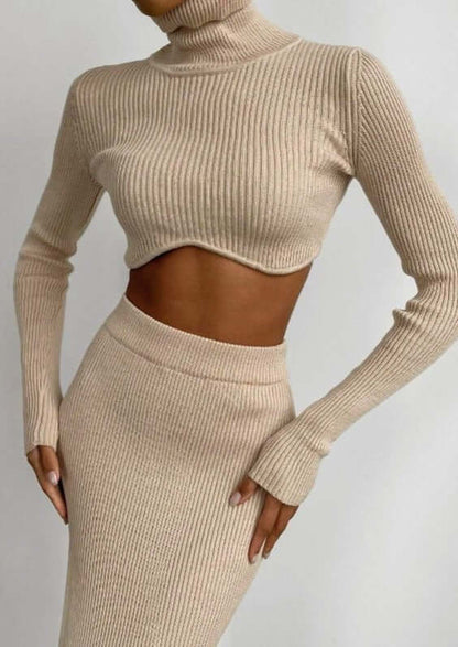Fashionable Off-Center Turtleneck Sweater Set