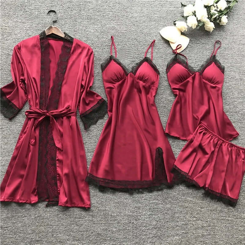 Ladies Soft Silk Pajama Set with Lace Trim