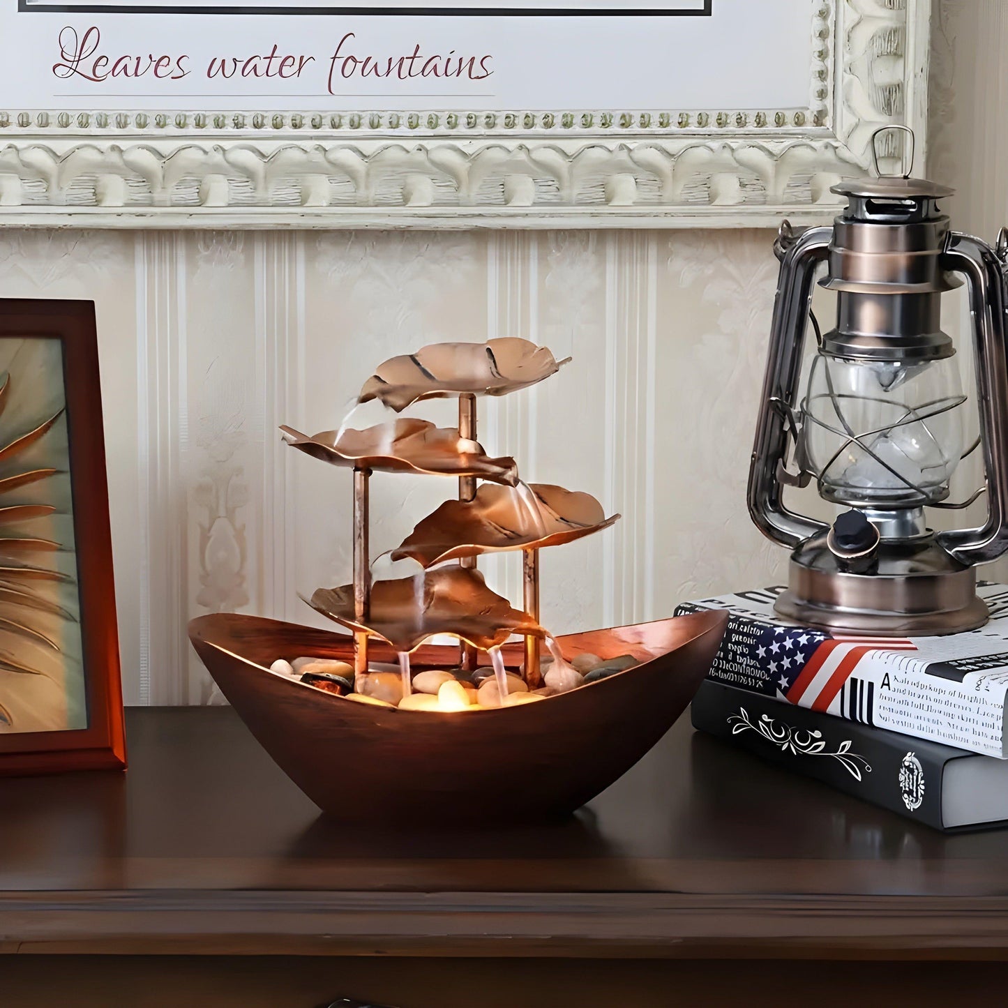 Classic Metal Leaf Table Fountain with LED Light