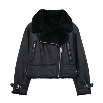 Ladies Synthetic Leather Coat with Faux Fur Trim
