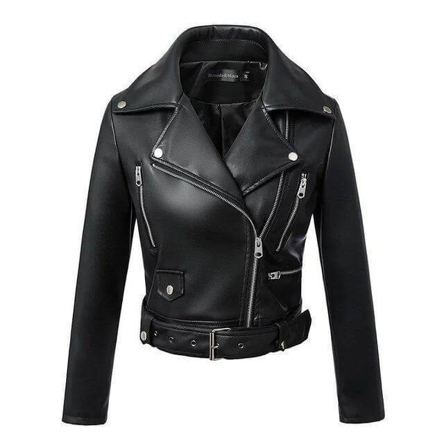 Ladies Synthetic Leather Motorcycle Jacket with Buckle - Luxivelle