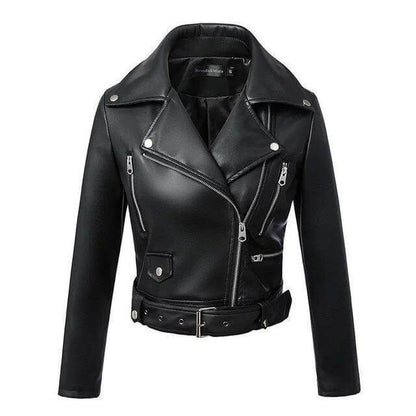 Ladies Synthetic Leather Motorcycle Jacket with Buckle - Luxivelle