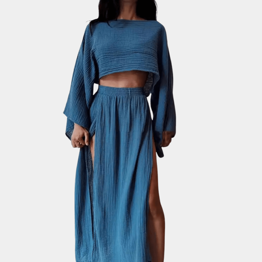 Ladies Long Maxi Skirt Outfit - Cropped Top & High Split