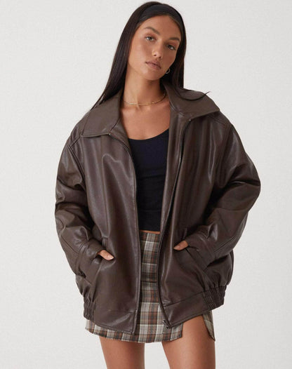 Large Synthetic Leather Women's Coat - Luxivelle