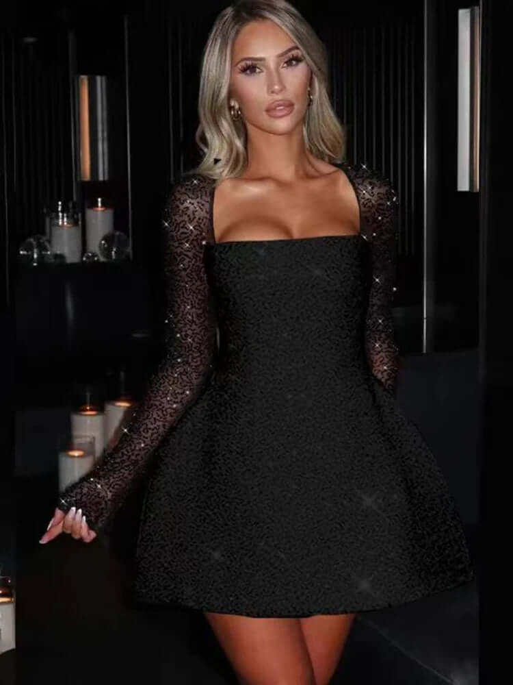 Glittering Tight Fit Mini Dress - Ladies Long Sleeve Clubwear