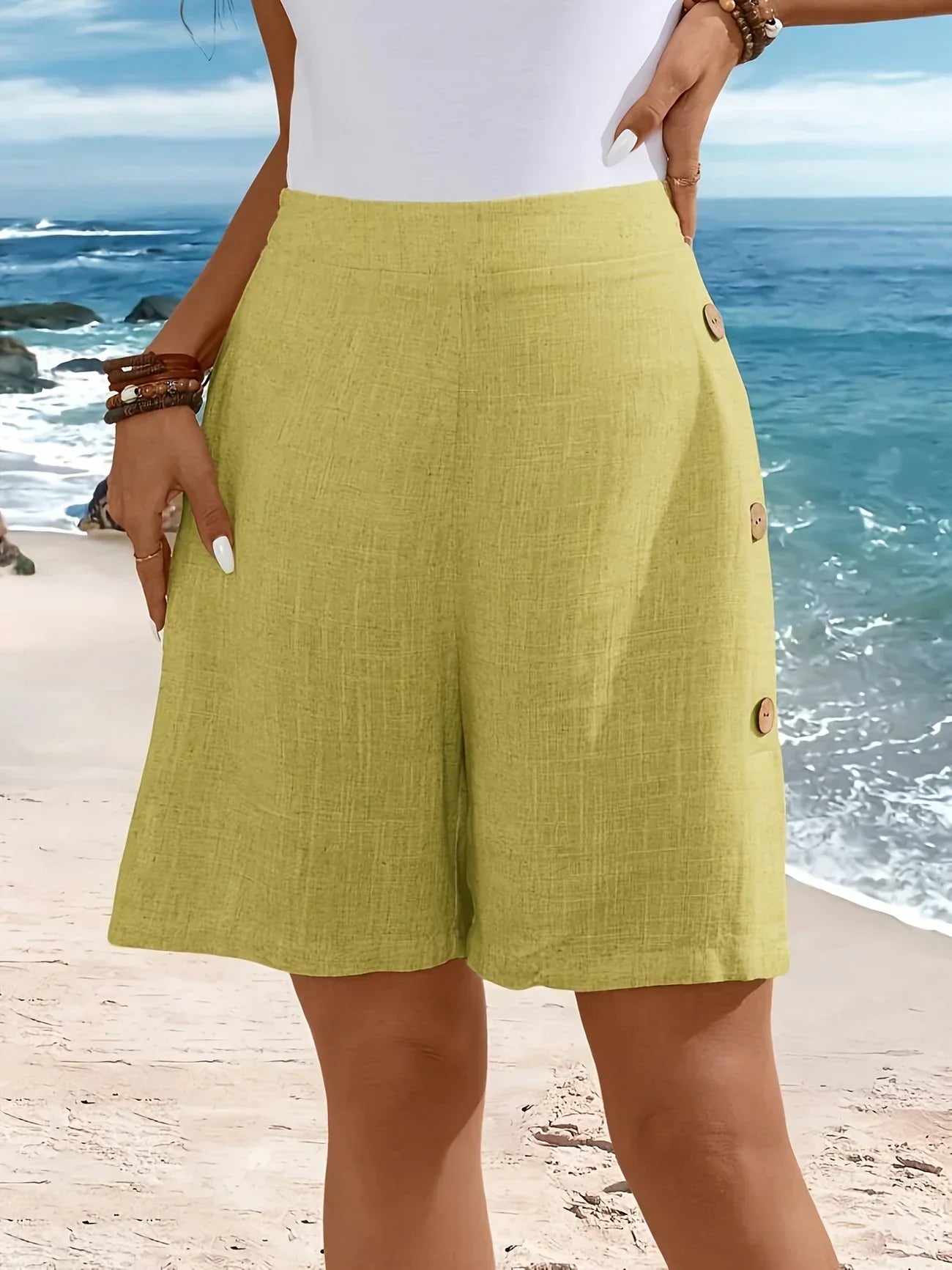 Elastic Waist Casual Button Shorts