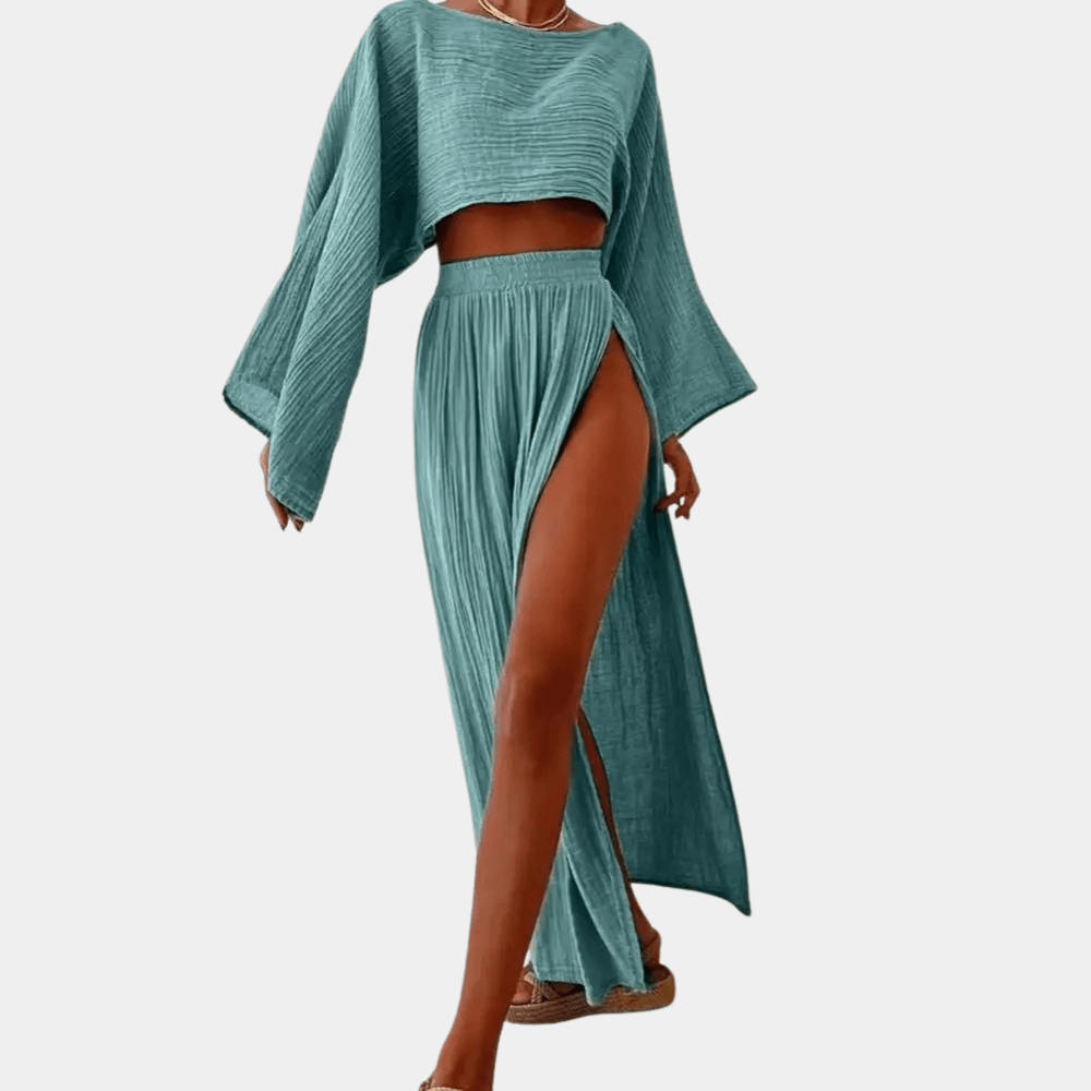 Ladies Long Maxi Skirt Outfit - Cropped Top & High Split - Luxivelle