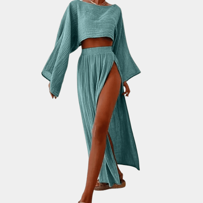 Ladies Long Maxi Skirt Outfit - Cropped Top & High Split