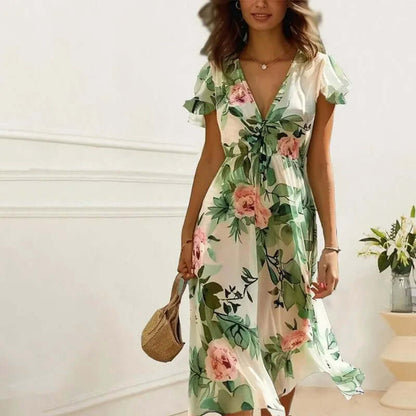 Ladies' Flowy Wrap Dress with Ruffle Sleeves