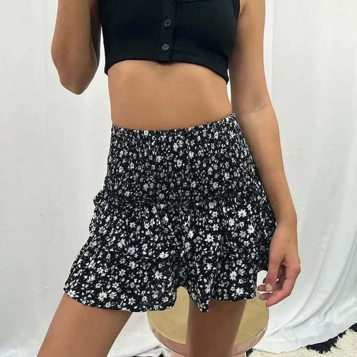 Floral Mini Skirt with Elastic Waist