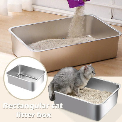 "Deep-sided stainless steel cat litter tray with splash-proof sides, rustproof, odour-resistant, sleek design, pet supplies."