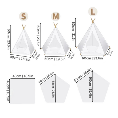 "Deluxe canvas pet teepee in gray triangles, pristine white, or sunny yellow for cats and dogs with pine poles and soft mat."