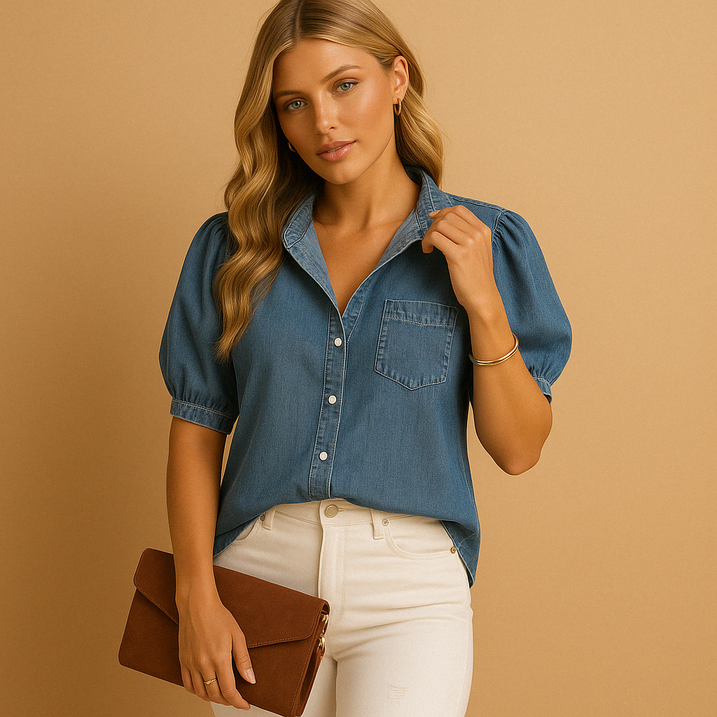 Women's tailored denim blouse with button-up front and long sleeves, ideal for casual or workwear layering in the fall.
