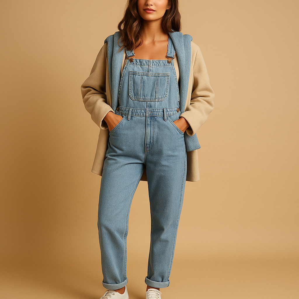 Denim dungaree for women with adjustable shoulder straps, relaxed fit, and classic design, perfect for everyday comfort and seasonal styling.