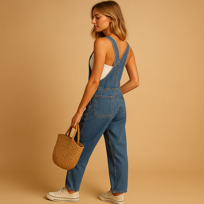 Denim dungaree for women with adjustable shoulder straps, relaxed fit, and classic design, perfect for everyday comfort and seasonal styling.