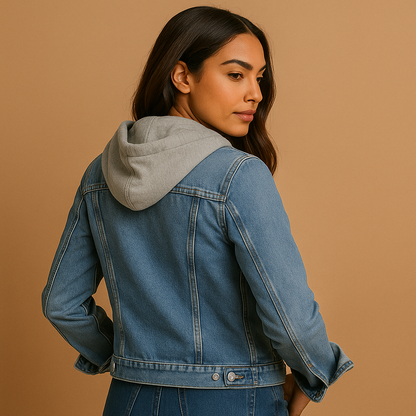 Women’s denim jacket with hood in light blue and dark blue, perfect for summer comfort and casual style