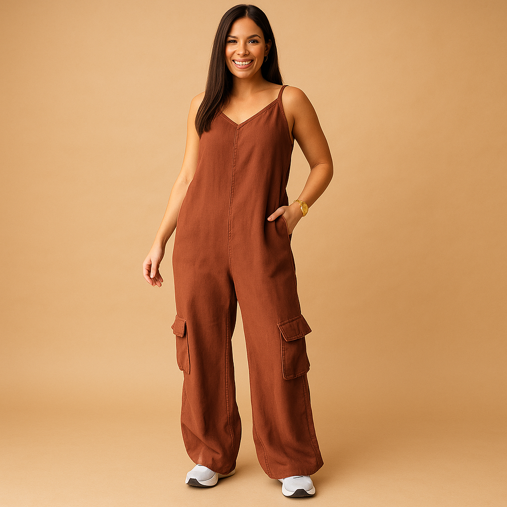 High-waisted denim jumpsuit for women with V-neck and open back, made of 100% cotton, ideal for summer, festivals, and casual outings.