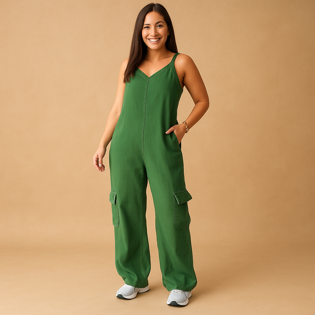 High-waisted denim jumpsuit for women with V-neck and open back, made of 100% cotton, ideal for summer, festivals, and casual outings.
