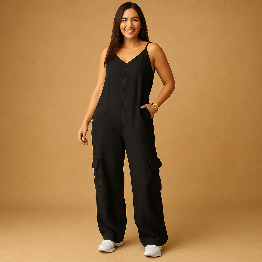 Women's V-Neck Open Back Blue Jeans Jumpsuit - Luxivelle