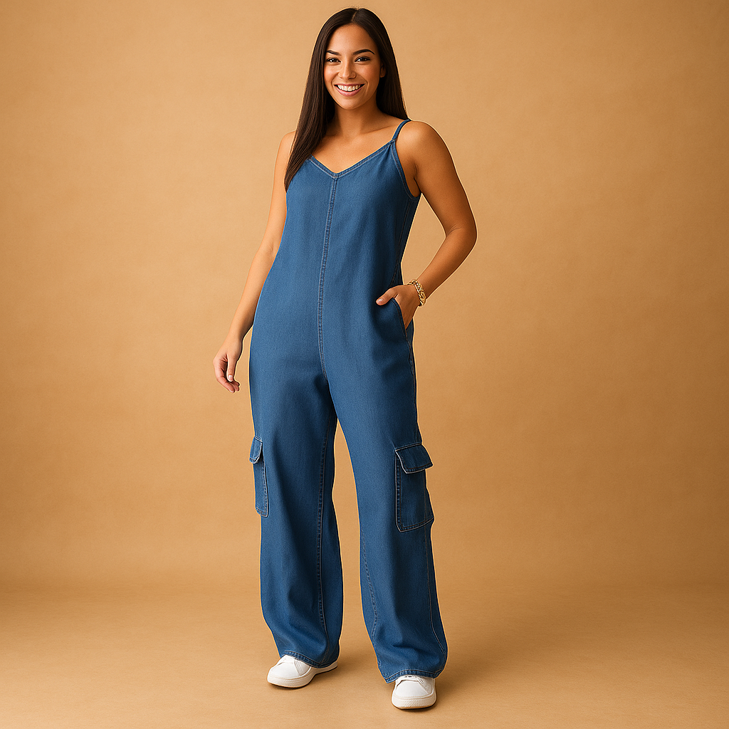 High-waisted denim jumpsuit for women with V-neck and open back, made of 100% cotton, ideal for summer, festivals, and casual outings.