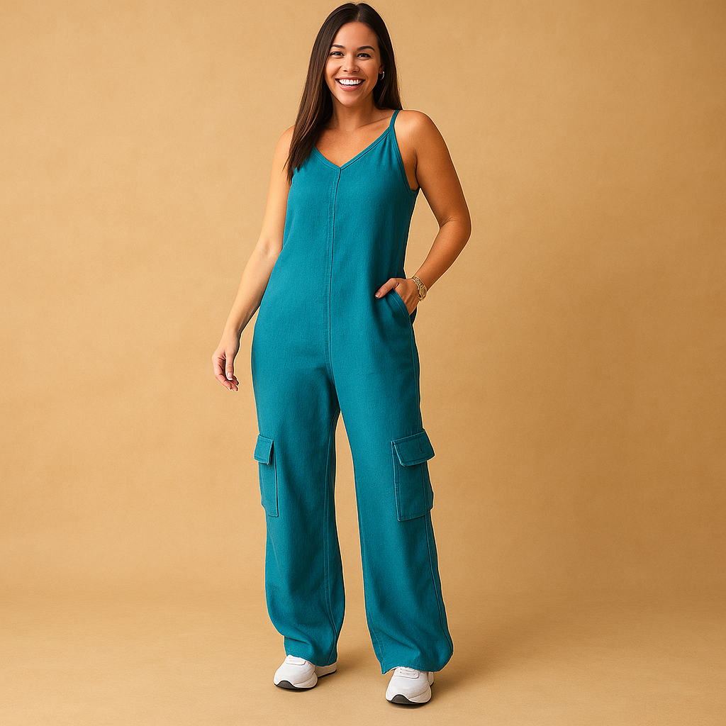 High-waisted denim jumpsuit for women with V-neck and open back, made of 100% cotton, ideal for summer, festivals, and casual outings.