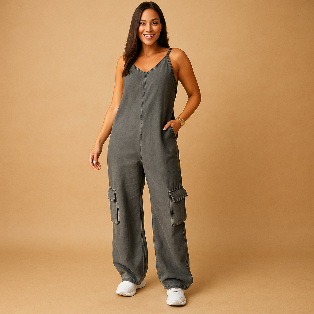High-waisted denim jumpsuit for women with V-neck and open back, made of 100% cotton, ideal for summer, festivals, and casual outings.