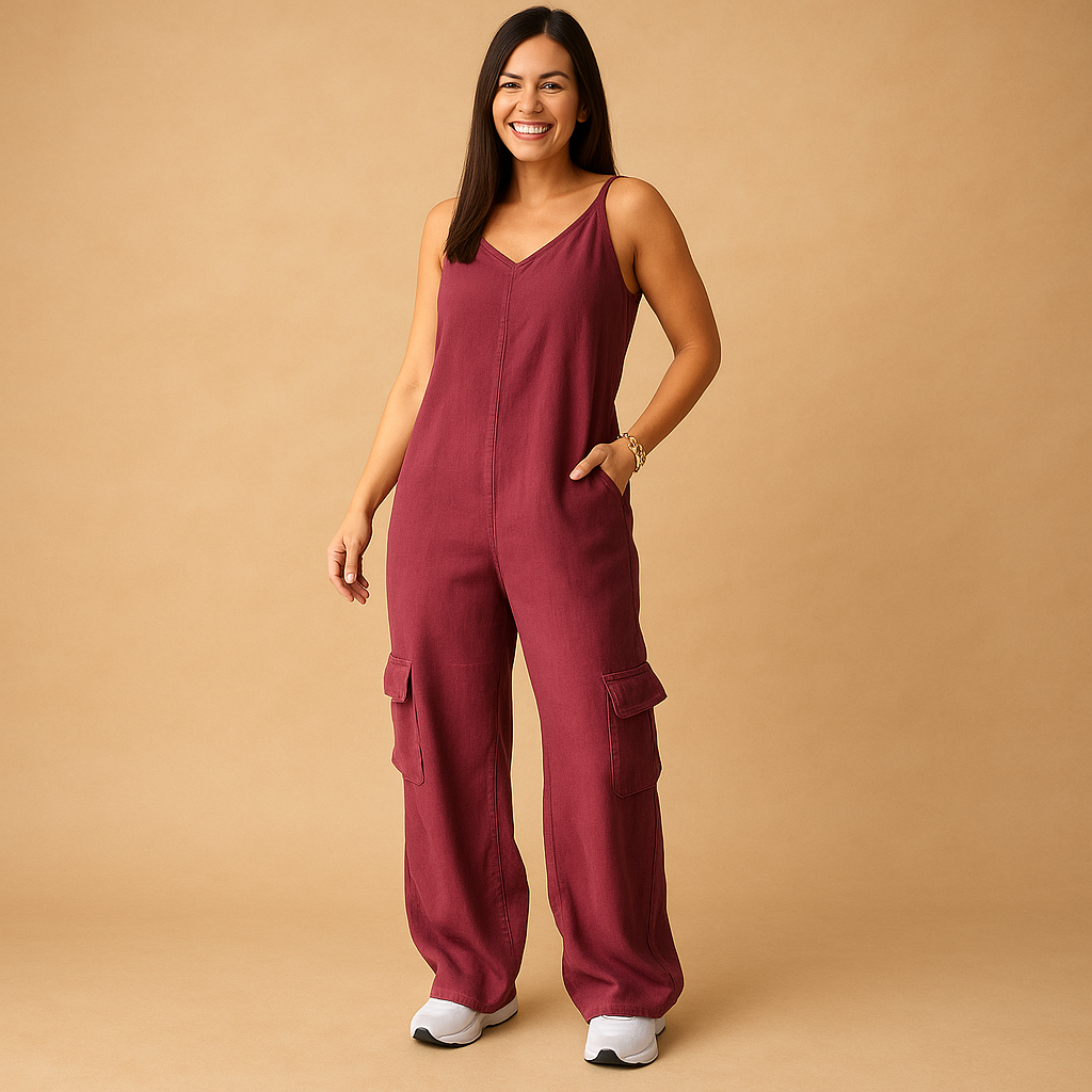 High-waisted denim jumpsuit for women with V-neck and open back, made of 100% cotton, ideal for summer, festivals, and casual outings.