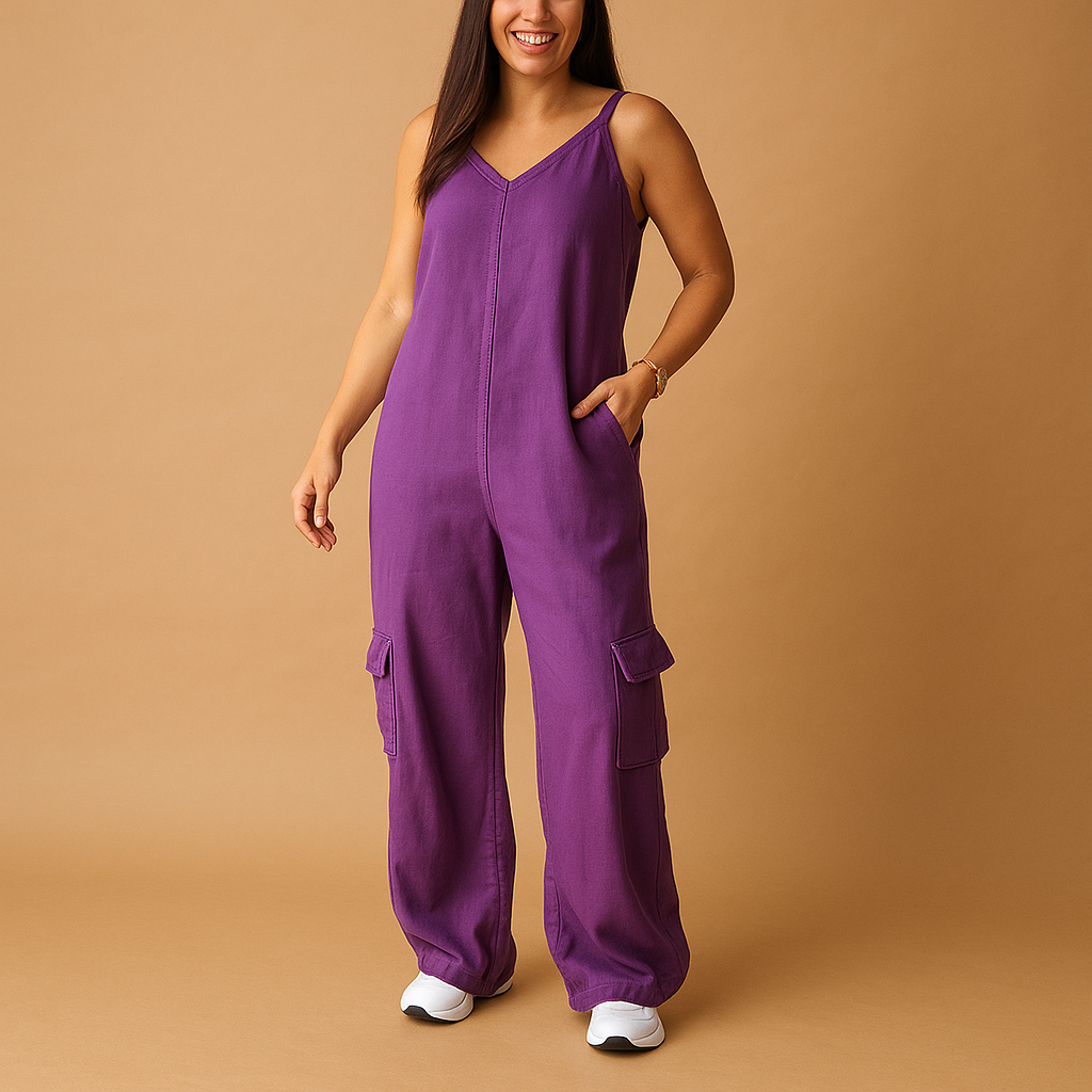 High-waisted denim jumpsuit for women with V-neck and open back, made of 100% cotton, ideal for summer, festivals, and casual outings.