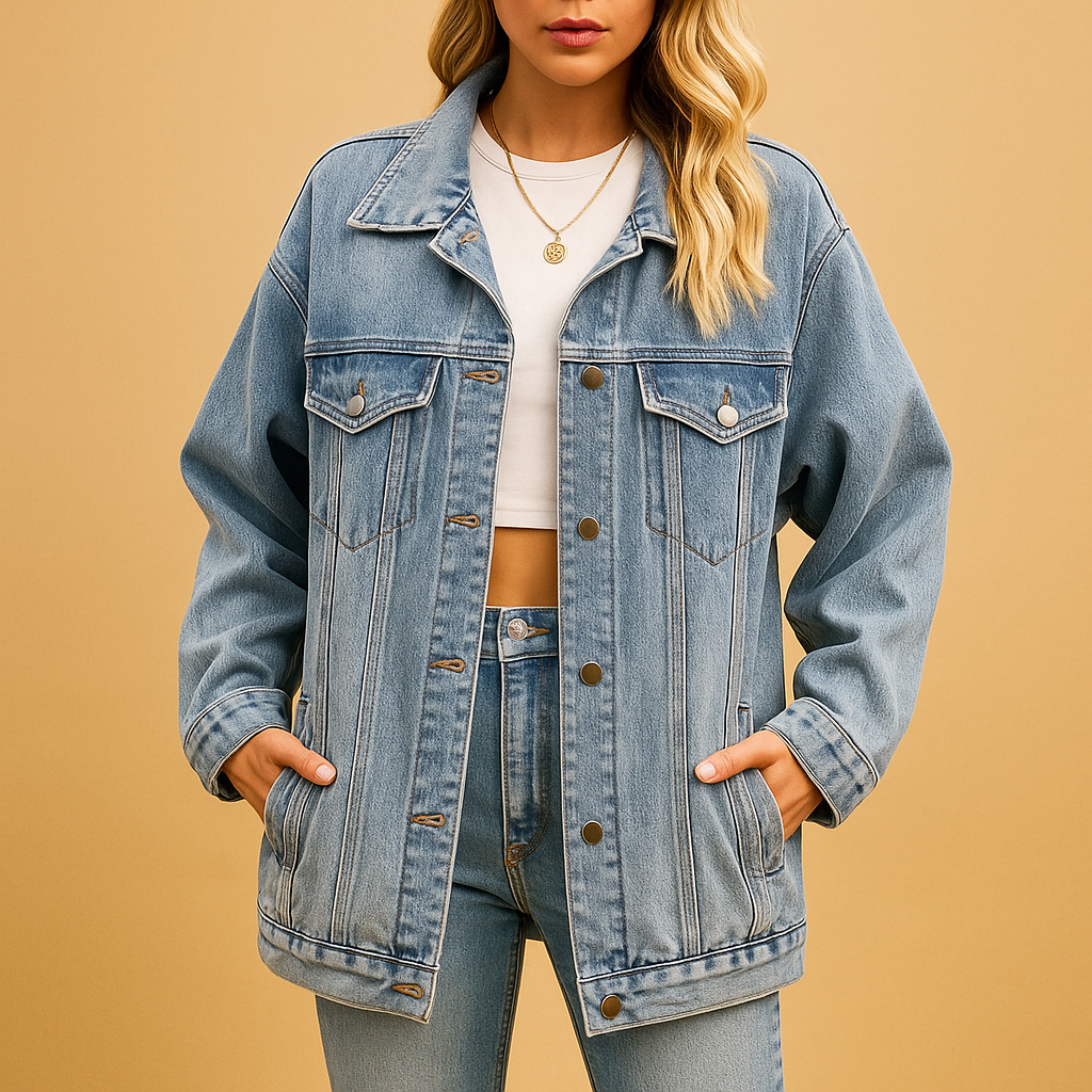 Women’s denim winter jacket with button closure and warm lining, perfect for cold-weather style and casual outings.