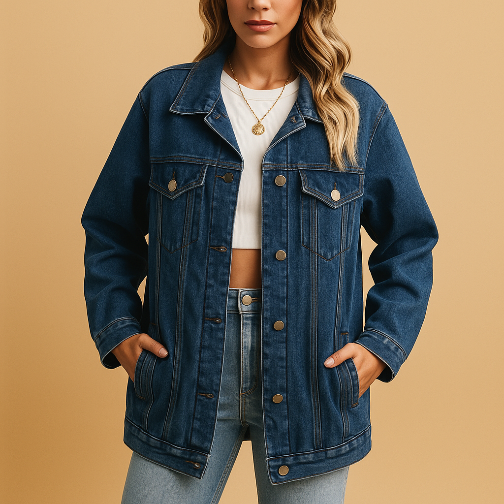 Women’s denim winter jacket with button closure and warm lining, perfect for cold-weather style and casual outings.