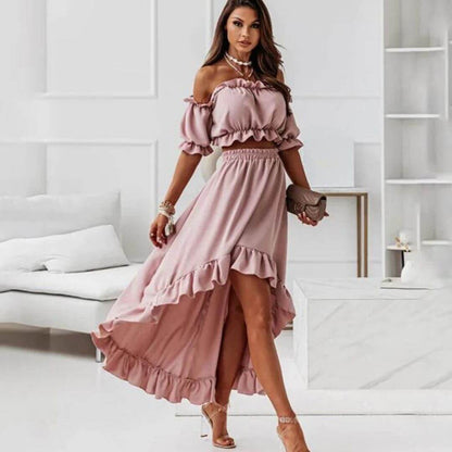 Ladies' Cold Shoulder Ruffle Top & Asymmetrical Skirt Set
