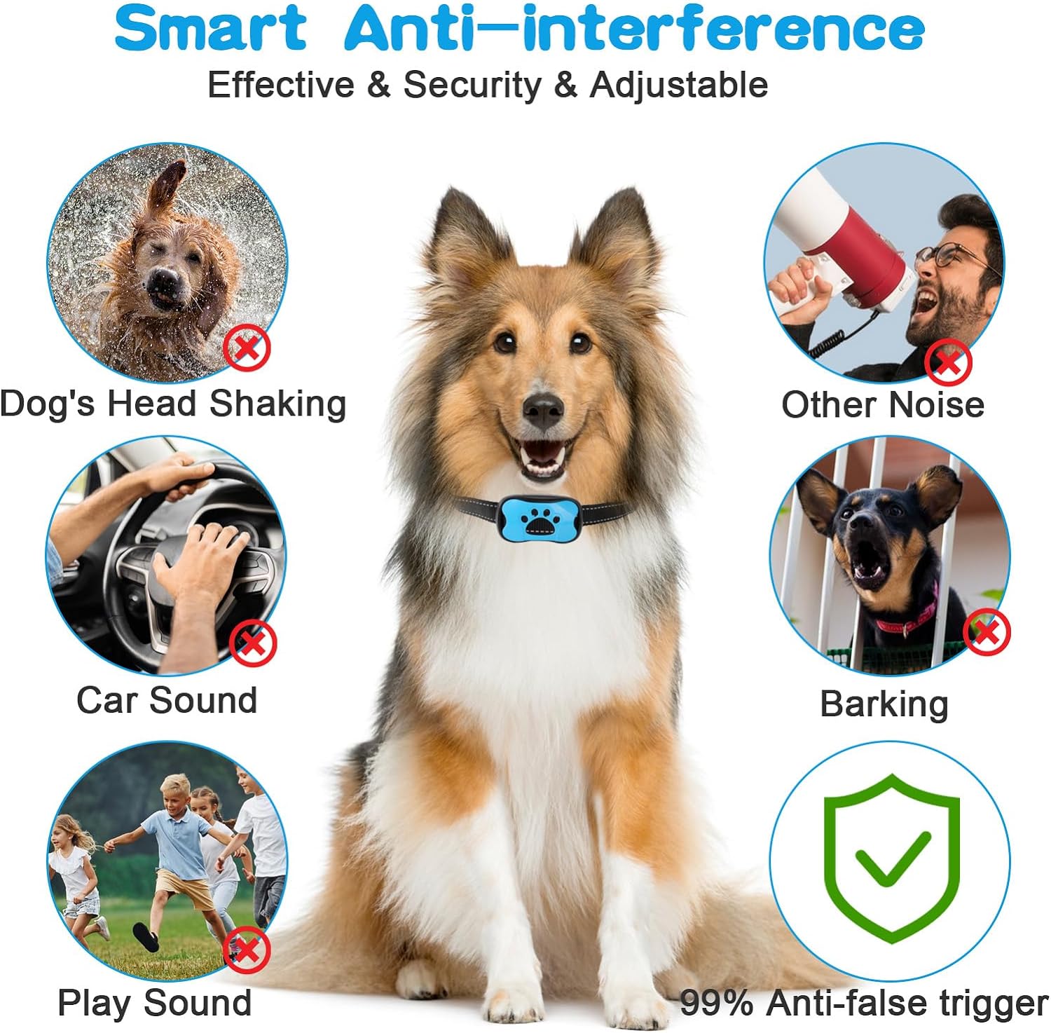 "Dog anti-bark collar with adjustable strap, featuring smart chip, beep, and vibration modes in sleek design, for all dog siz