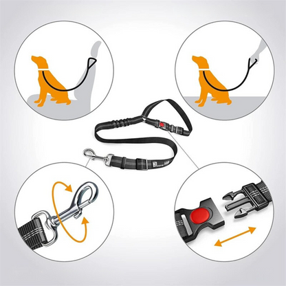 Dog car safety belt, adjustable with 360-degree swivel clip, black color, fits all car types, ensures pet comfort and securit