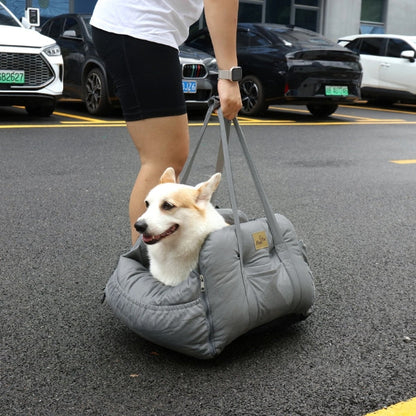Dog car seat bed for pets with safety harness, waterproof fabric, dual-use for travel or home, gray, small to medium sizes.